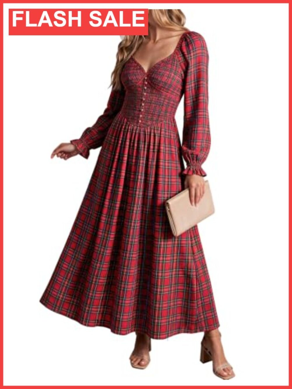 Women's Boho Long Sleeve Sweetheart V-Neck Maxi Dress Smocked Floral Fit Flare